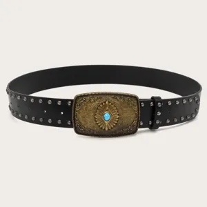 Retro ethnic wide leather belt for women, vintage ornate buckle with turquoise stone and studs.