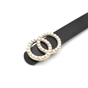 Women black leather belt pearl double circle buckle stylish dress jeans accessory