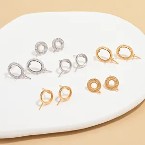 Supports Boucles d'Oreilles Puces Rondes en Argent Sterling 925 Avec Strass Incrustés DIY Bijoux Pour Perle Gemme Femme Accessoires Retro