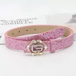 Women's pink rhinestone alloy belt, stylish sparkling sequin waist strap for jeans dresses.