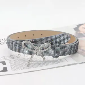 Cinturón de mujer con lazo de diamantes de imitación brillante plateado de PU