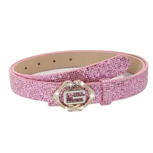Pink rhinestone women belt with sparkling crystals and stylish metal G buckle for jeans.