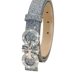 Cinturón de mujer con brillantes hebilla de metal plateado cruz diseño elegante moda