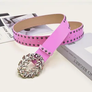 Women pink belt rhinestone buckle metallic studs fashion waist accessory detail view style decorative