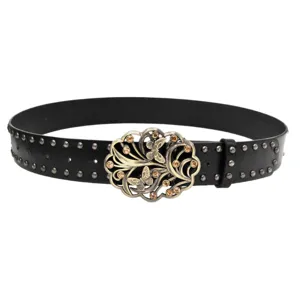 Cintura in pelle nera con borchie metalliche e fibbia a farfalla vintage, accessorio chic.