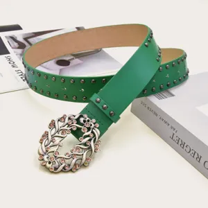 Green rhinestone studded belt for women, vintage metal buckle decorative waist belt detail.