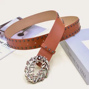 Retro women's brown leather belt with metallic studs and decorative rhinestone buckle.