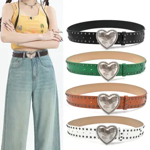 Women Punk Style PU Leather Waist Belt Double-Row Metal Rivets Heart Carved Buckle Casual Jeans Belt