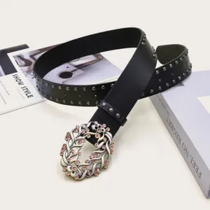 Vintage black leather women belt with rhinestone floral buckle and metal studs for dress