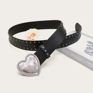 Punk style black leather belt featuring a large silver heart floral buckle and cool metal studs.