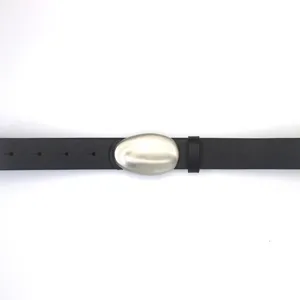 Stylish black leather belt with unique oval metal buckle for jeans dresses fashion wear