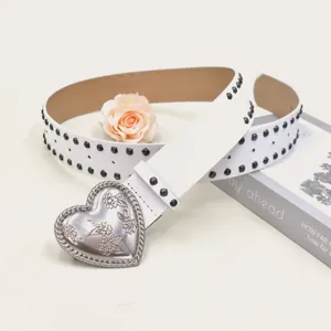 Women white pu leather belt with punk metal heart buckle and studs for jeans casual wear