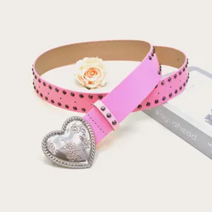 Pink leather belt with silver heart buckle and metal studs for women casual wear stylish