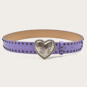 Purple leather belt featuring a large silver heart buckle and studded details for women.