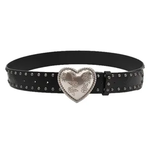 Punk style black leather belt for women with silver heart buckle and studs main image