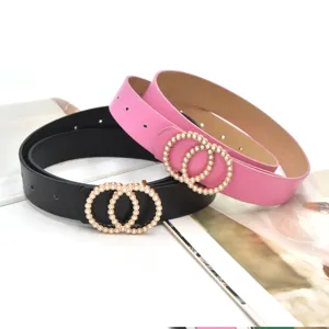 Women fashion leather belt with double circle pearl buckle versatile dress jeans waist belt