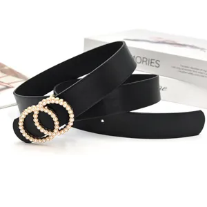 Stylish women's black belt featuring an elegant pearl-studded double circle buckle.