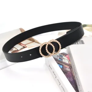 Women fashion black leather belt with elegant double pearl round buckle for jeans dress