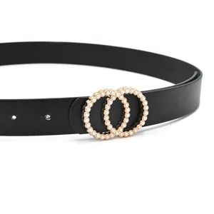 Women fashion black leather belt with elegant double pearl circle buckle for jeans dress