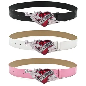 Punk rock style heart dagger buckle PU leather belt set in black white and pink options