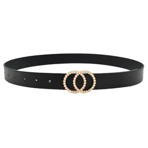 Women leather belt with pearl double circle buckle stylish jeans dress waist belt