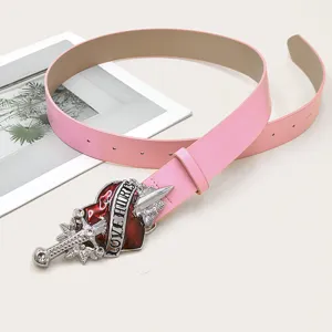 Cintura in pelle PU rosa stile punk con fibbia in metallo cuore pugnale da donna, accessorio moda
