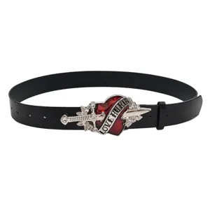 Cintura in pelle nera in stile punk con fibbia a cuore rosso e spada per donna