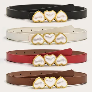 Cintura in Pelle PU Moda Donna Cuore Minimalista Perla Artificiale Fibbia in Metallo Cintura da Abito Accessorio per Vita Casual