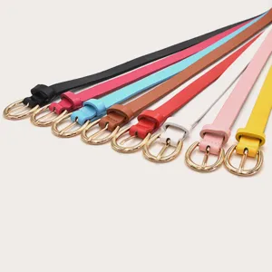 Women thin leather belt set stylish minimalist gold round buckle waist strap detail view