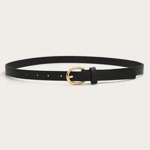 Detail shot of a minimalist black thin belt featuring a sleek gold-tone horseshoe buckle.