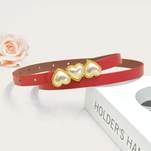 Cintura sottile in pelle rossa con tre eleganti fibbie a cuore di perla per abito donna.