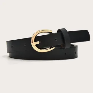 Minimalist black leather belt with gold buckle close-up, chic accessory for jeans and pants.