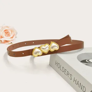 Elegante cintura sottile in pelle marrone con splendide fibbie a cuore di perla per abiti.