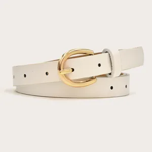 White leather belt detail showcasing the elegant gold horseshoe buckle and clean stitching.