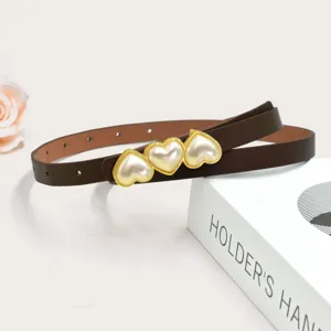 Elegante cintura sottile marrone da donna con fibbie a cuore di perle dolci per abiti.