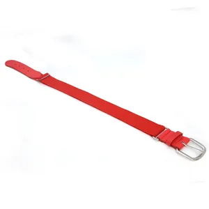 Red elastic sports belt detail view, adjustable baseball belt with durable metal buckle.