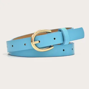 Light blue women thin leather belt with gold metal buckle elegant stylish jeans waist accessory