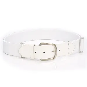 White elastic sports belt with silver buckle and adjustable slider for baseball pants.