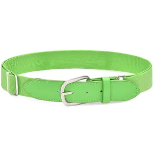 Bright green elastic belt featuring a durable adjustable metal buckle and leather ends.
