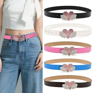 Women Y2K Rhinestone Heart Wing Buckle PU Leather Belt Fashion Casual Dress Jeans Waist Belt Accessory