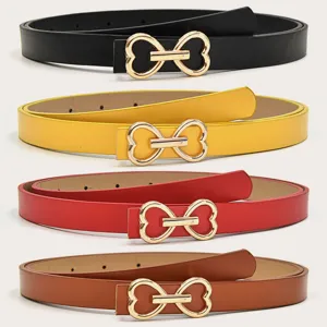 Women Fashion PU Leather Belt Minimalist Heart Shaped Metal Buckle Versatile Thin Waist Belt For Jeans Pants Shorts
