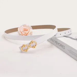 White thin belt for women with elegant gold double ring buckle, chic and versatile accessory.