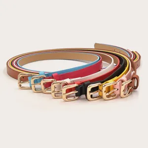 Slim leather belts set with shiny gold pin buckles, colorful thin waist belts detail view.