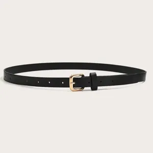 Minimalist black belt featuring a polished gold-tone metal pin buckle and clean stitching detail.