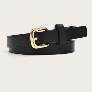 Stylish women's black belt with a gold-tone square pin buckle, perfect for everyday wear.