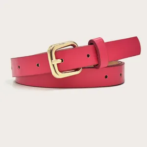 Women's pink leather belt detail showing the golden square pin buckle and clean stitching.