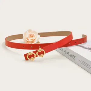 Women stylish red thin leather belt with gold buckle for dress and jeans fashion accessory