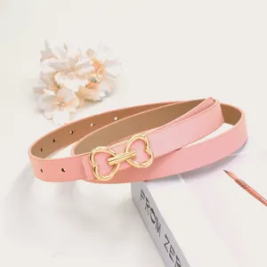 Pink leather belt for women featuring a chic gold-tone heart bow buckle, perfect for summer daily.