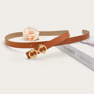 Women brown thin leather belt with gold interlocking circle buckle fashion accessory for jeans coat