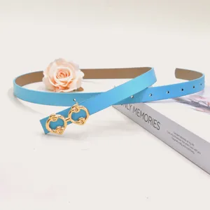 Light blue thin leather belt with stylish gold double ring buckle, elegant daily accessory.